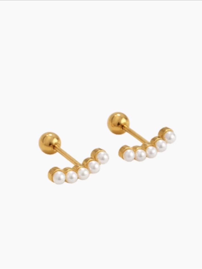 Gold Pearl Row Back Bar Stud Earrings - Women Jewelry